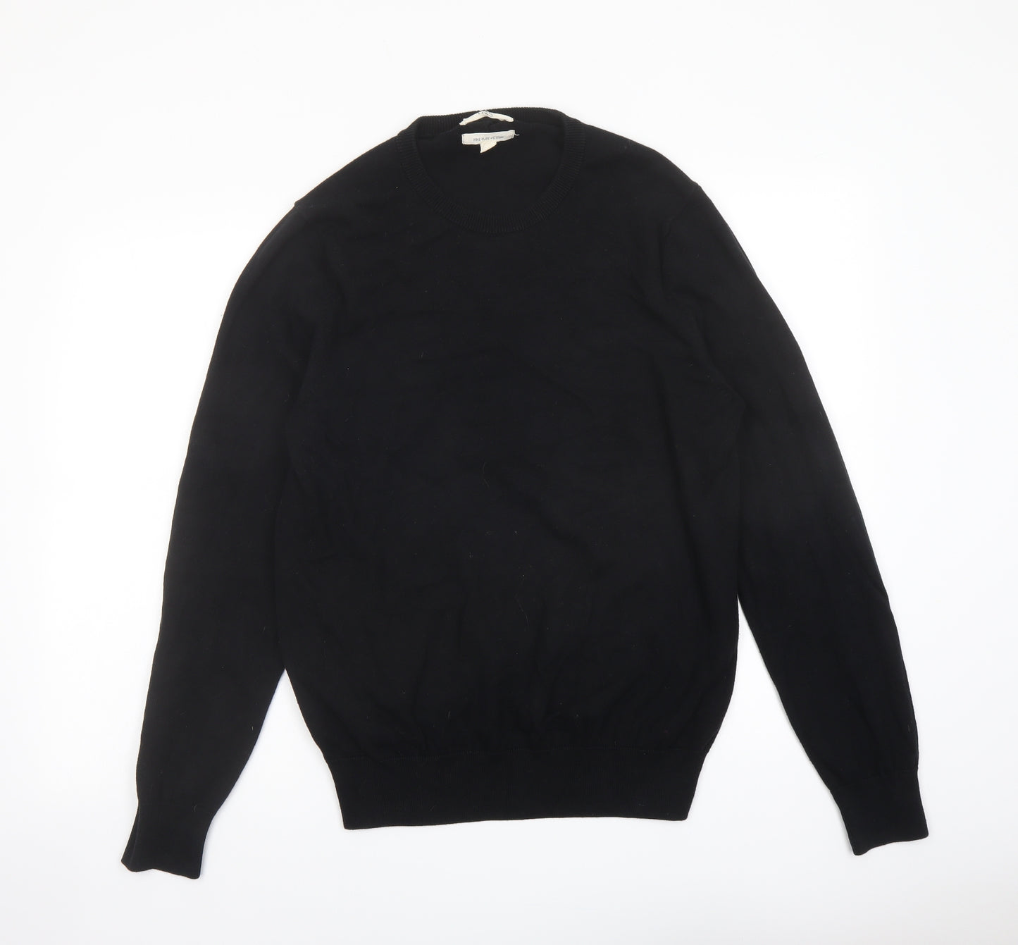 Marks and Spencer Mens Black Round Neck Cotton Pullover Jumper Size M Long Sleeve