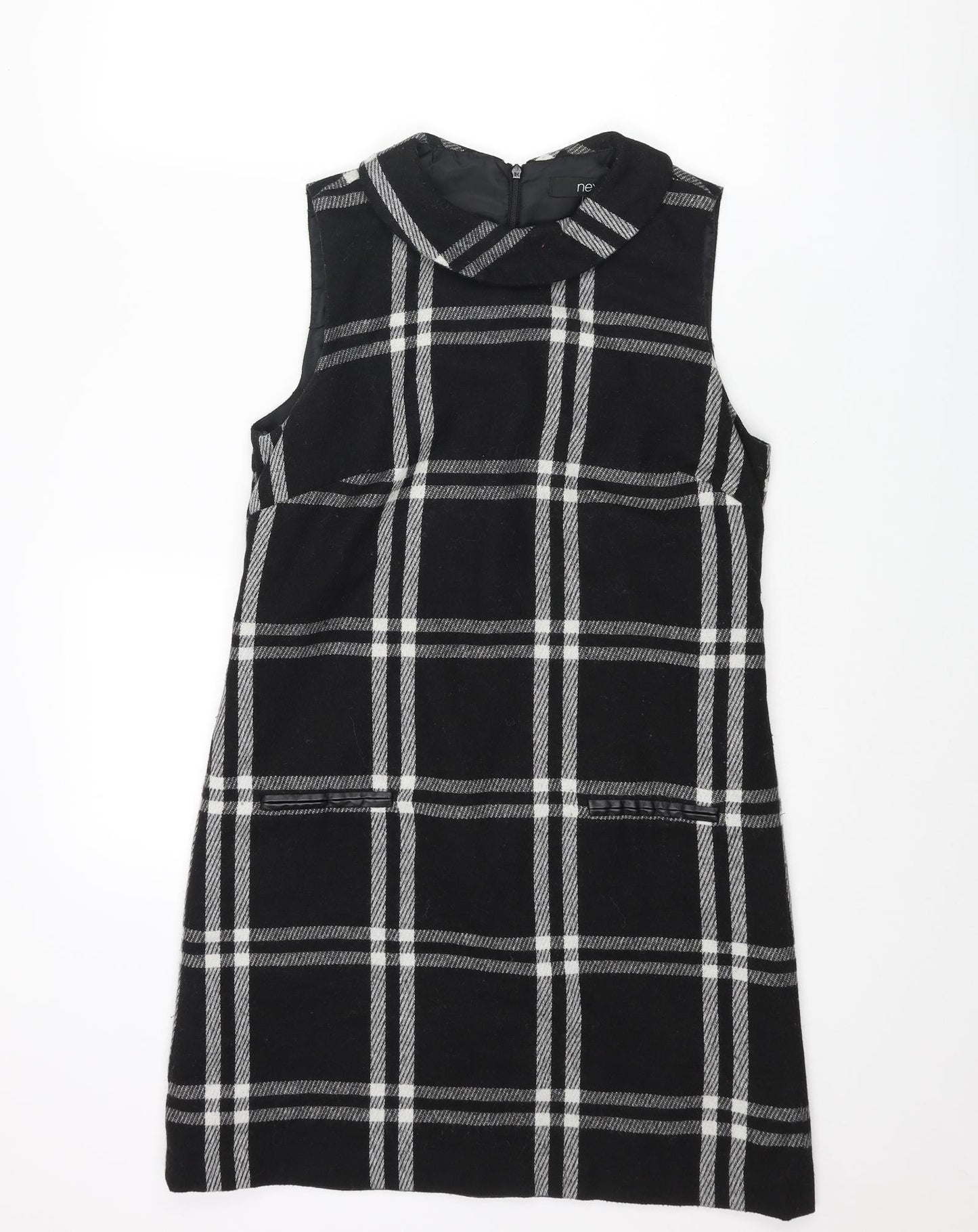NEXT Womens Black Plaid Wool A-Line Size 10 Round Neck Zip