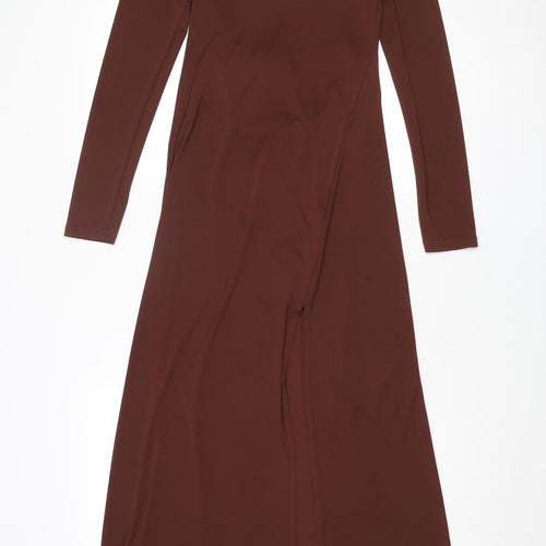 Zara Womens Brown Polyester A-Line Size M Round Neck Tie - Side Slit, Shoulder Pads