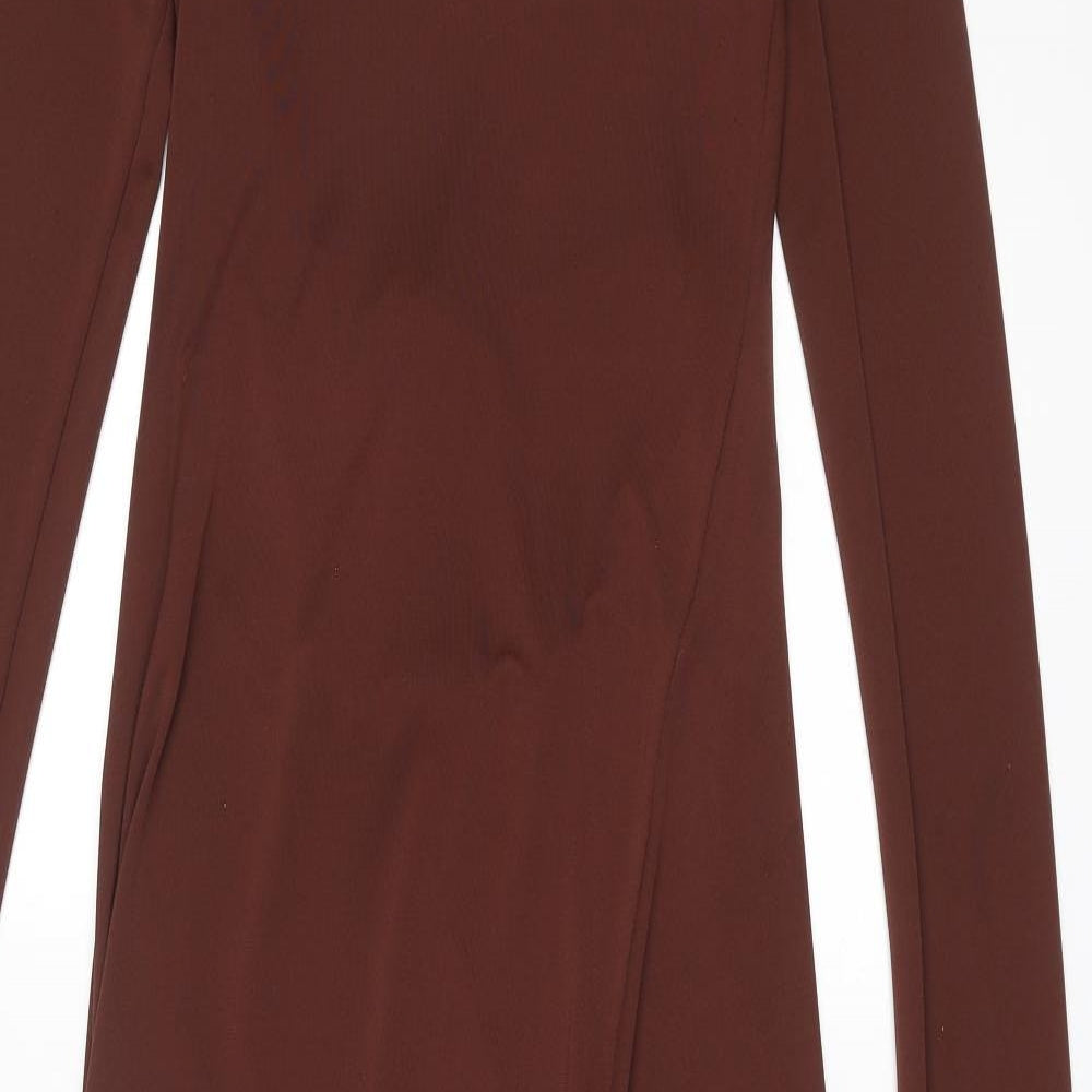 Zara Womens Brown Polyester A-Line Size M Round Neck Tie - Side Slit, Shoulder Pads