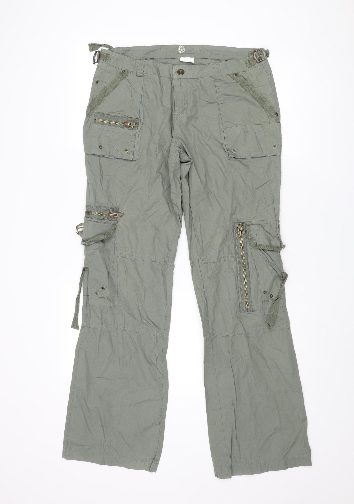 Vintage Casual Womens Green Cotton Cargo Trousers Size 34 in L31 in Regular Zip - Pockets Zips Buckle