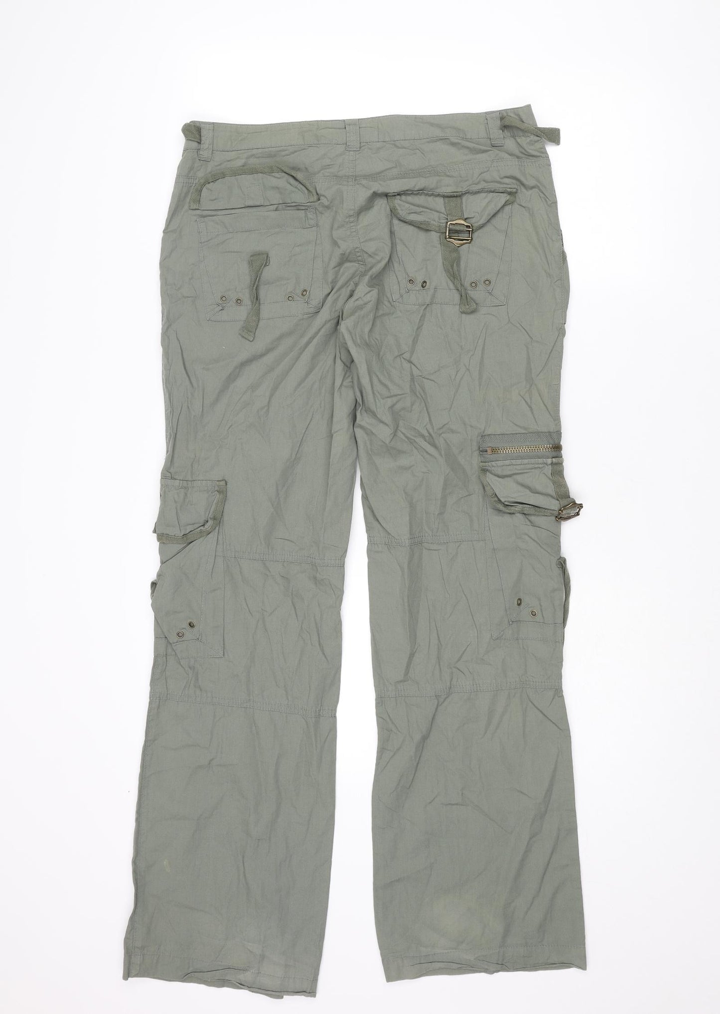 Vintage Casual Womens Green Cotton Cargo Trousers Size 34 in L31 in Regular Zip - Pockets Zips Buckle