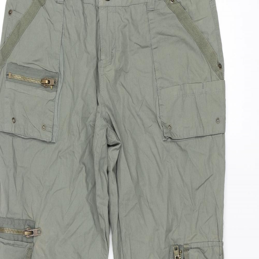 Vintage Casual Womens Green Cotton Cargo Trousers Size 34 in L31 in Regular Zip - Pockets Zips Buckle