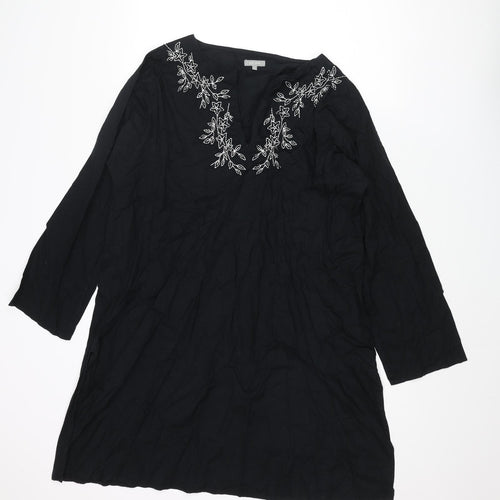 Per Una Womens Black Cotton A-Line Size L V-Neck Pullover - Embroidered Flowers