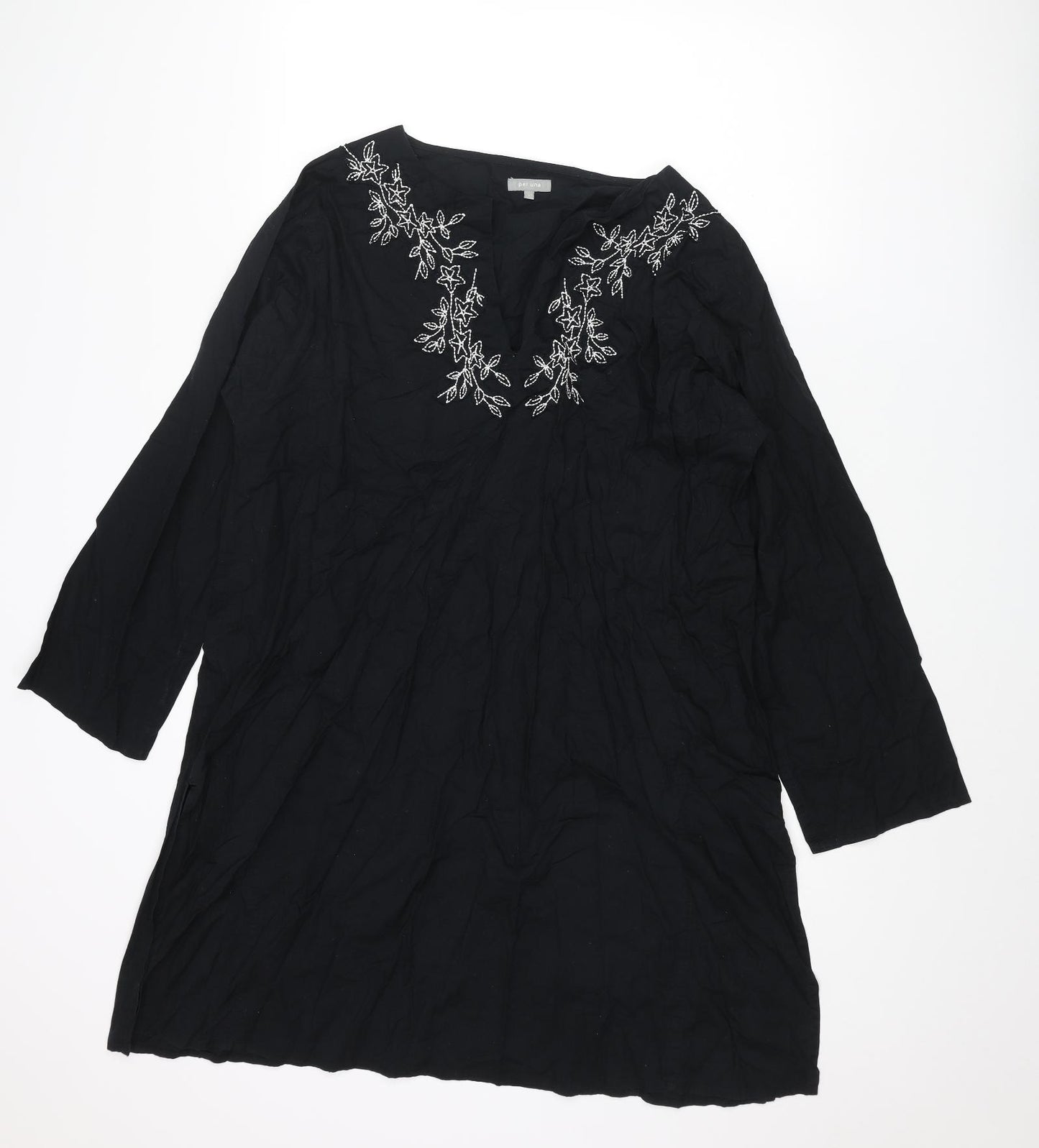 Per Una Womens Black Cotton A-Line Size L V-Neck Pullover - Embroidered Flowers
