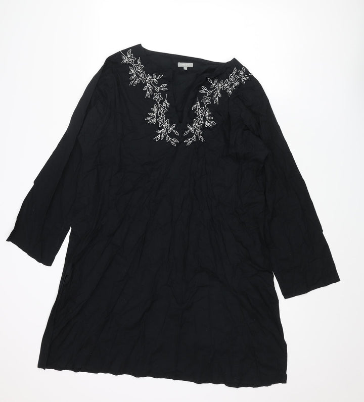 Per Una Womens Black Cotton A-Line Size L V-Neck Pullover - Embroidered Flowers