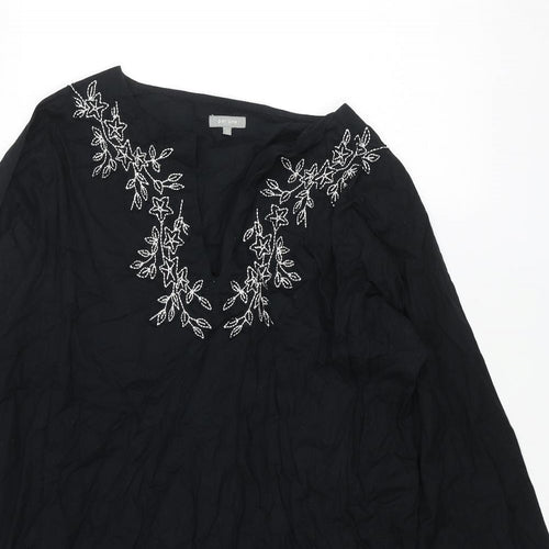 Per Una Womens Black Cotton A-Line Size L V-Neck Pullover - Embroidered Flowers