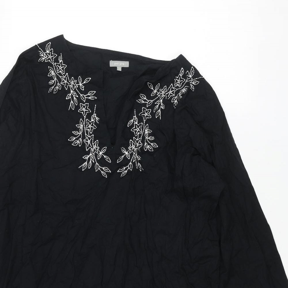 Per Una Womens Black Cotton A-Line Size L V-Neck Pullover - Embroidered Flowers
