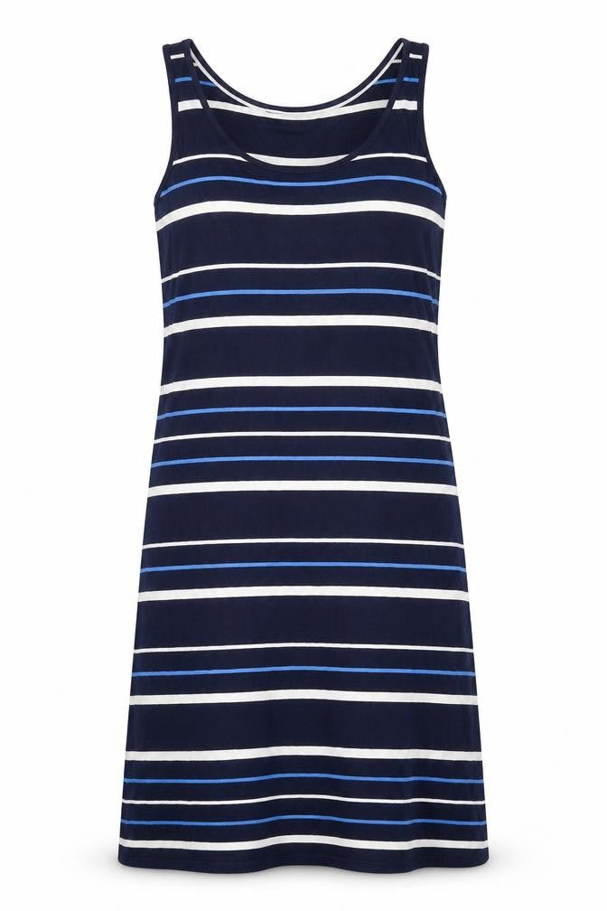 Front view of Crew Clothing Blue Striped Viscose A-Line, size 8, Round Neck Pullover