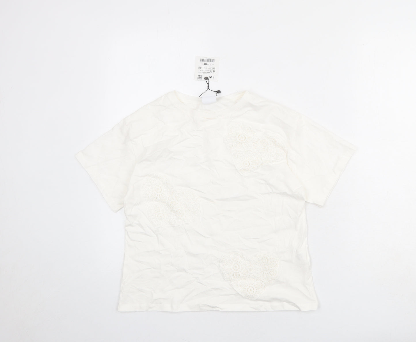 Zara Girls White Polyester Basic T-Shirt Size 11-12 Years Round Neck Pullover