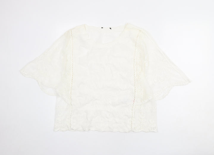 New Look Womens Ivory Cotton Basic Blouse Size L Round Neck