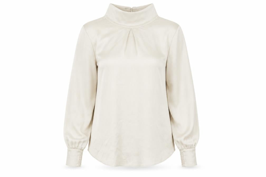 Front view of Dorothy Perkins women’s beige polyester basic blouse, size UK 6, high neck - bow