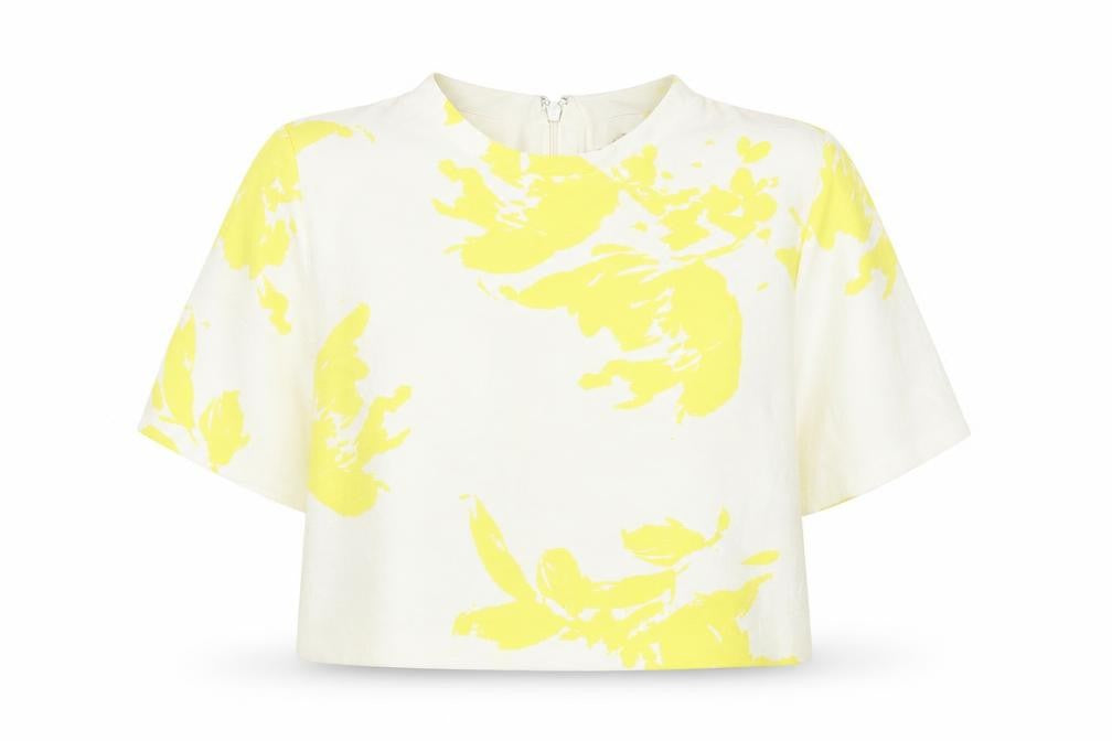 Front view of Limited Edition women’s white floral polyester basic t-shirt, size UK 12, mock neck
