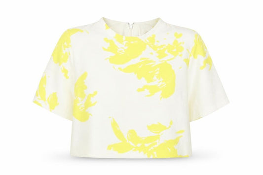 Front view of Limited Edition women’s white floral polyester basic t-shirt, size UK 12, mock neck