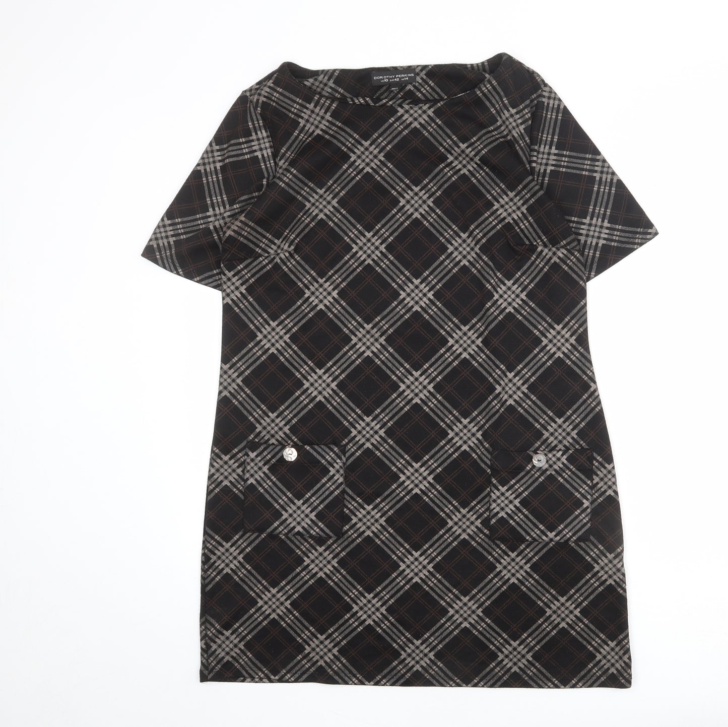 Dorothy Perkins Womens Black Plaid Polyester Shift Size 14 Round Neck Pullover