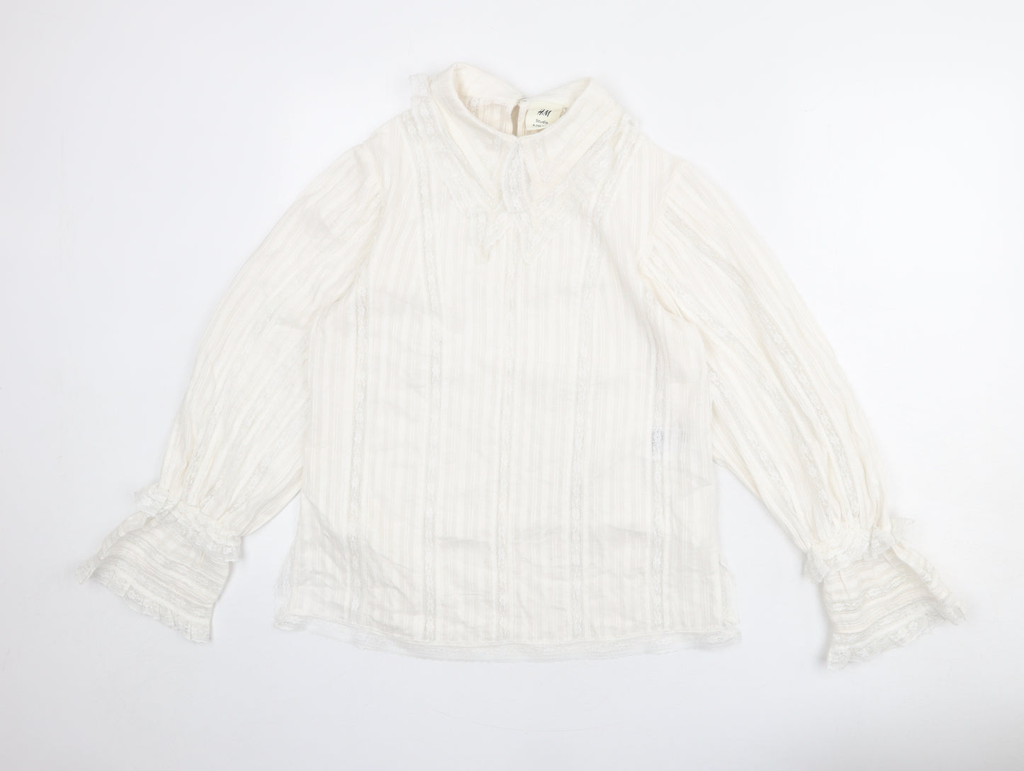 H&M Womens Ivory Striped Cotton Basic Blouse Size 12 Collared - Lace Detail