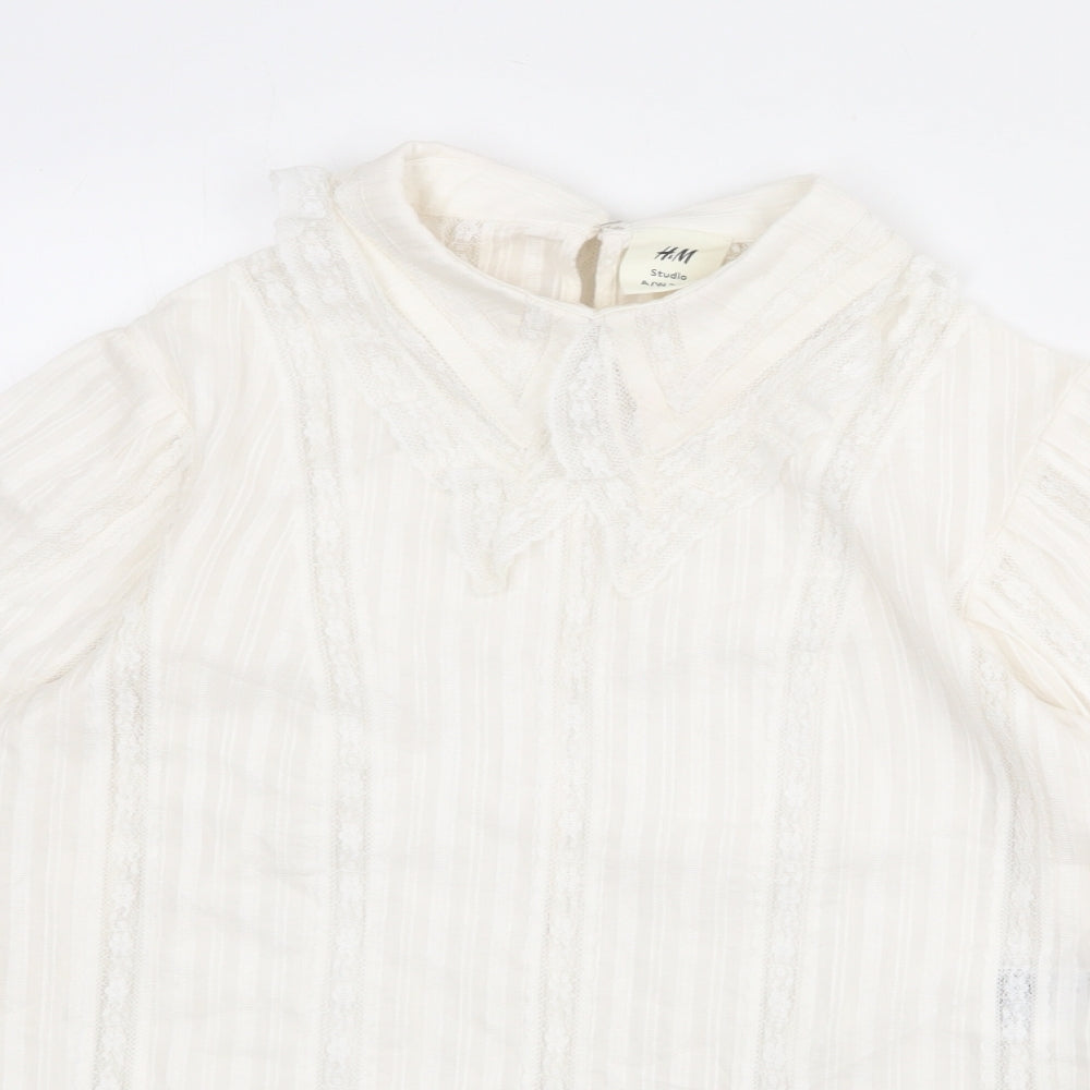 H&M Womens Ivory Striped Cotton Basic Blouse Size 12 Collared - Lace Detail
