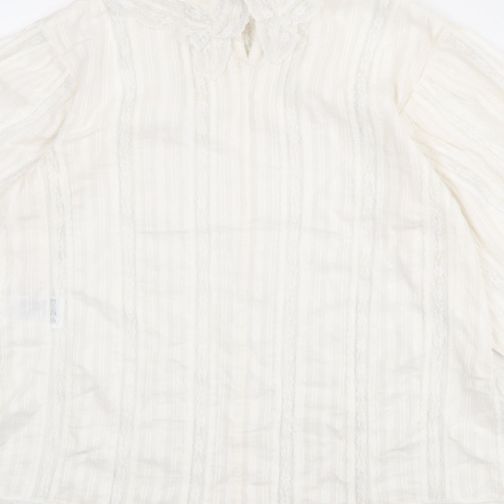 H&M Womens Ivory Striped Cotton Basic Blouse Size 12 Collared - Lace Detail