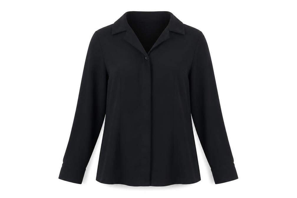 Front view of Next women’s black polyester basic blouse, size UK 10, collared