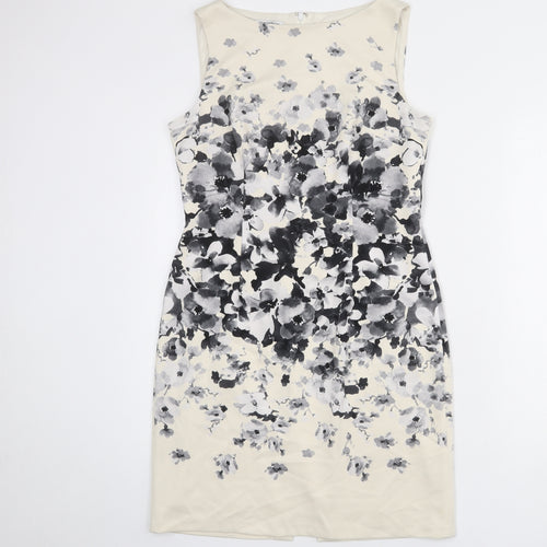 Maggy London Womens Beige Floral Polyester Shift Size 14 Round Neck Zip