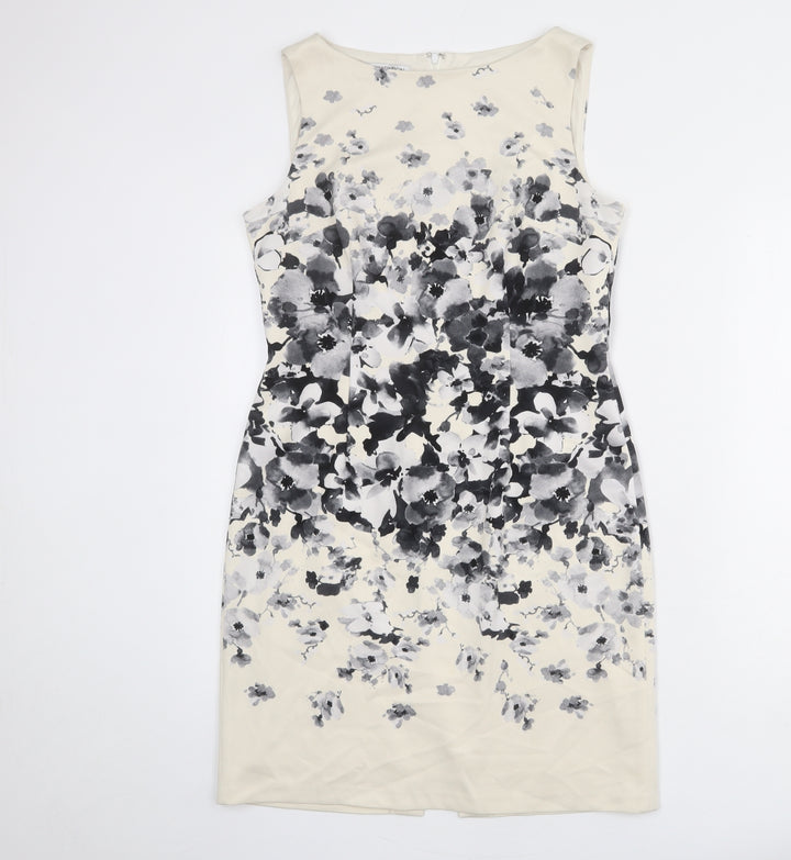 Maggy London Womens Beige Floral Polyester Shift Size 14 Round Neck Zip