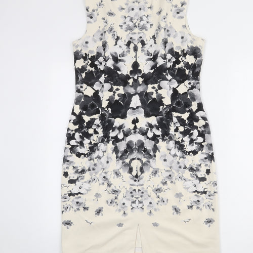 Maggy London Womens Beige Floral Polyester Shift Size 14 Round Neck Zip