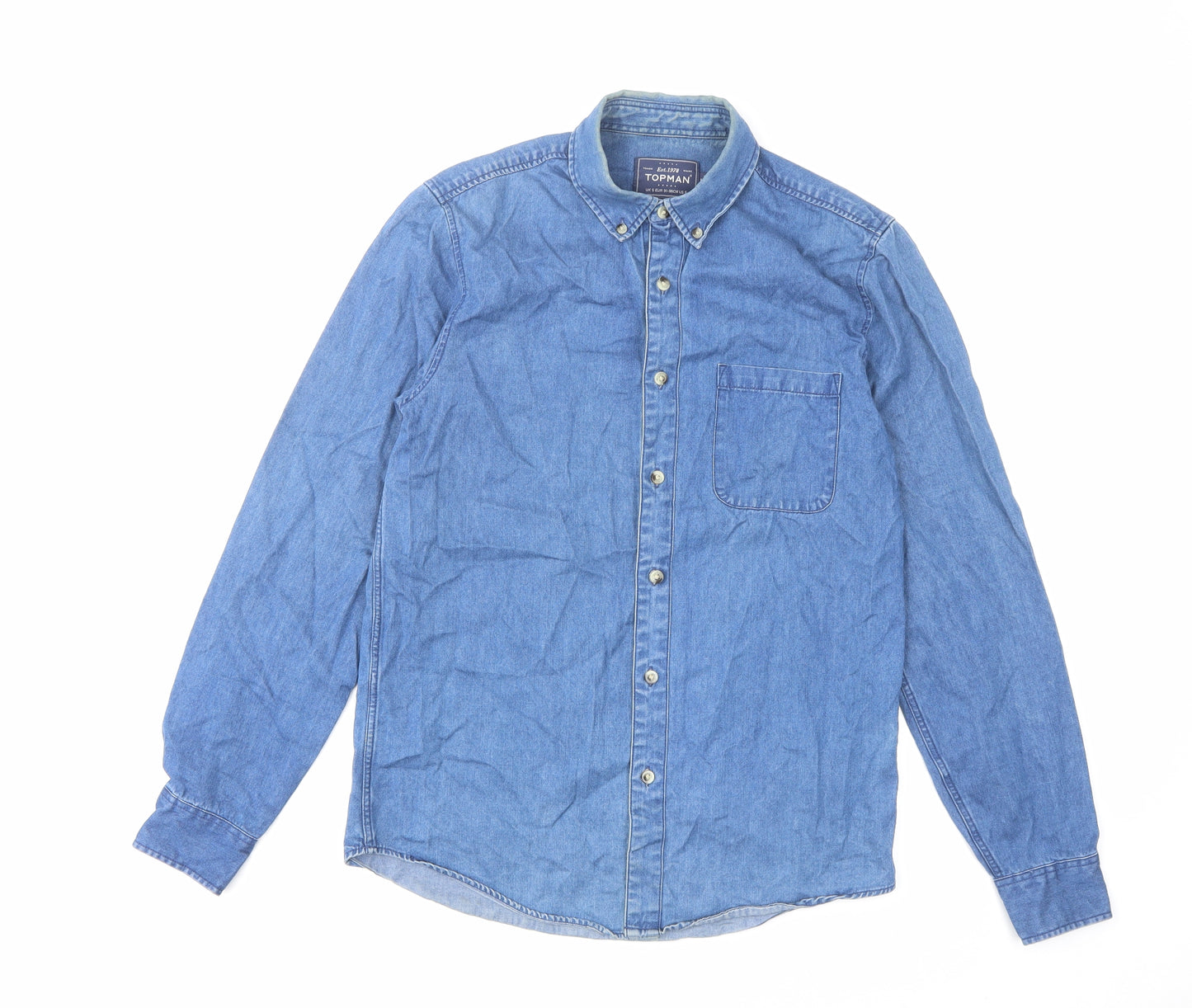 Topman Mens Blue Cotton Button-Up Size S Collared Button