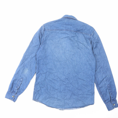 Topman Mens Blue Cotton Button-Up Size S Collared Button