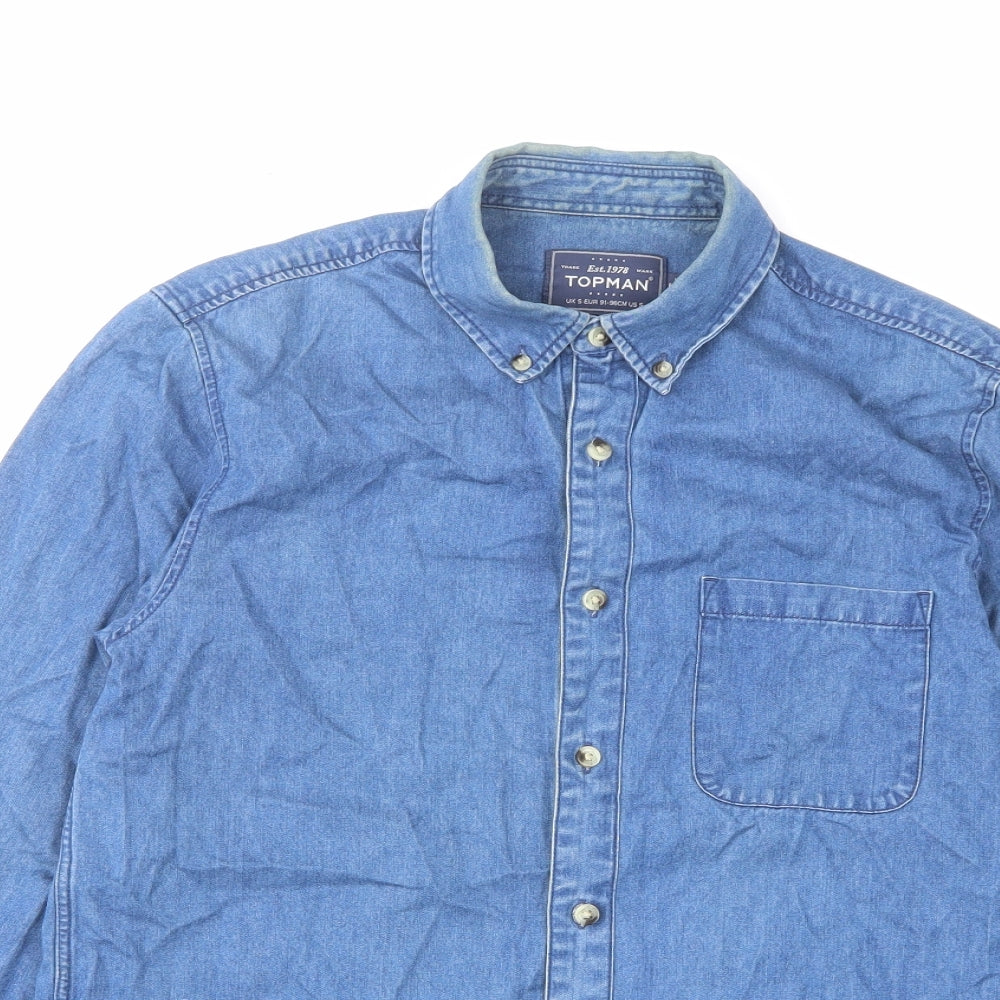 Topman Mens Blue Cotton Button-Up Size S Collared Button