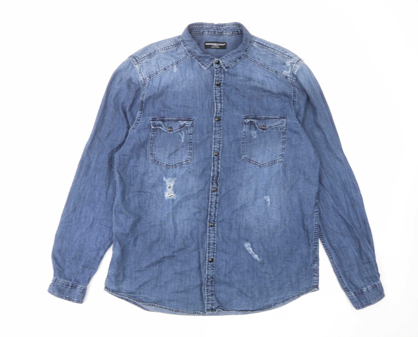 Cedar Wood State Mens Blue Cotton Button-Up Size XL Collared Snap - Distressed Look