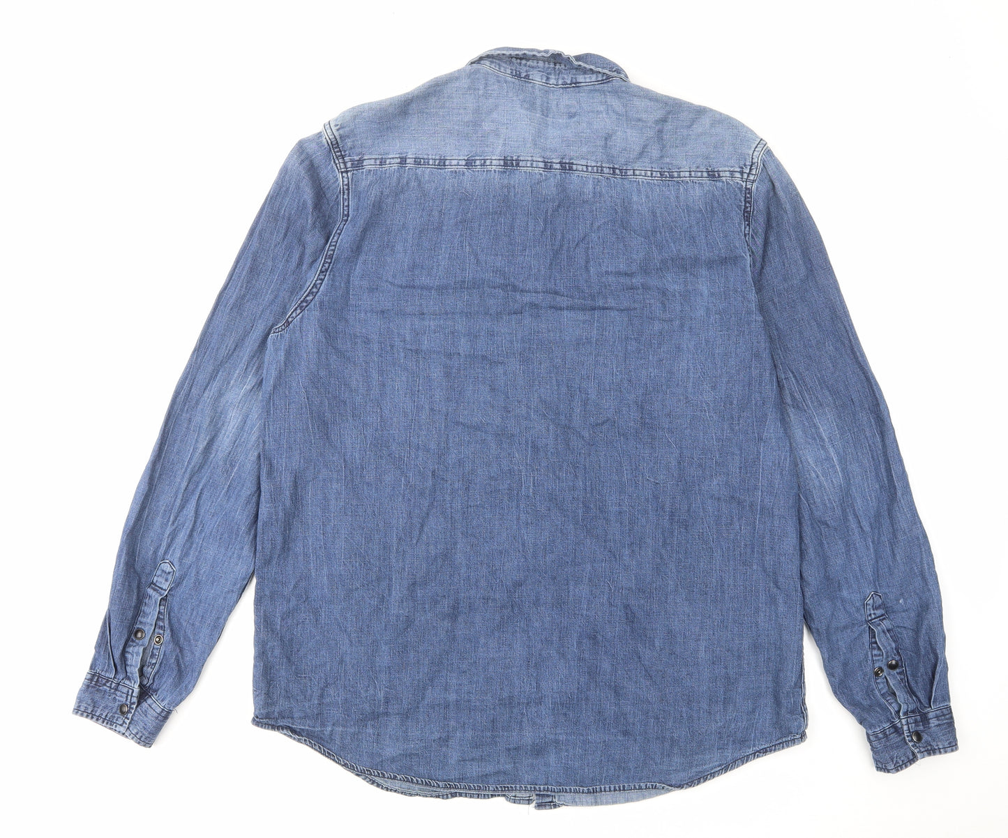 Cedar Wood State Mens Blue Cotton Button-Up Size XL Collared Snap - Distressed Look