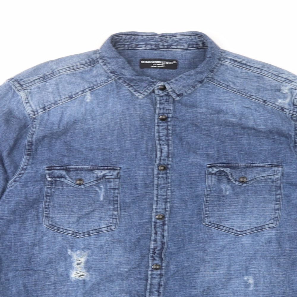 Cedar Wood State Mens Blue Cotton Button-Up Size XL Collared Snap - Distressed Look