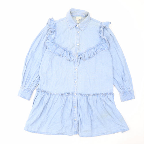 River Island Womens Blue Cotton A-Line Size S Collared Button - Ruffles