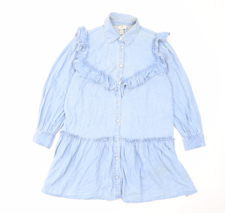 River Island Womens Blue Cotton A-Line Size S Collared Button - Ruffles