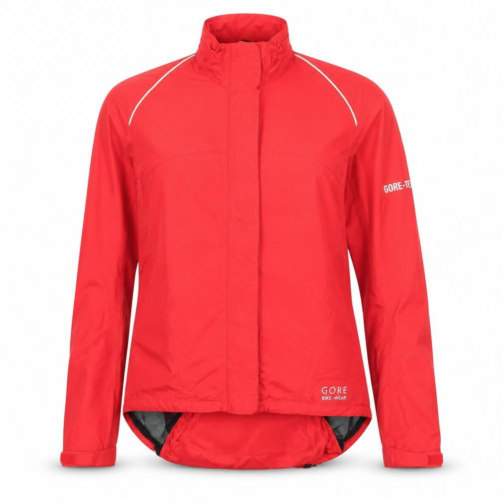 Front view of Gore women’s red windbreaker jacket, size UK 8, zip - logo water resistant