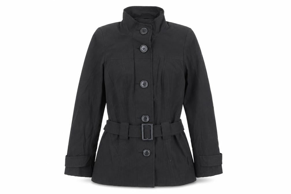 Front view of Dorothy Perkins women’s black jacket, size UK 8, button - belted
