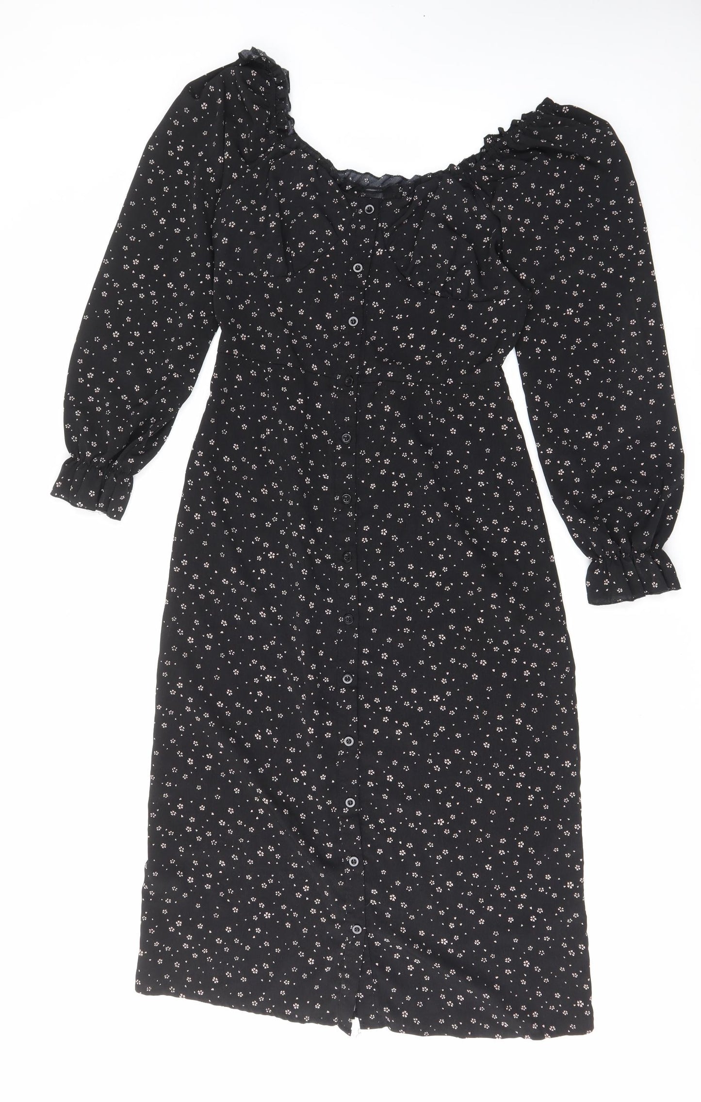 Missguided Womens Black Floral Polyester A-Line Size 12 Round Neck Button