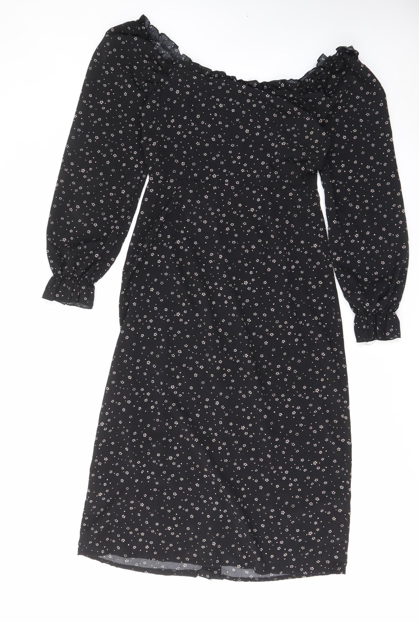Missguided Womens Black Floral Polyester A-Line Size 12 Round Neck Button