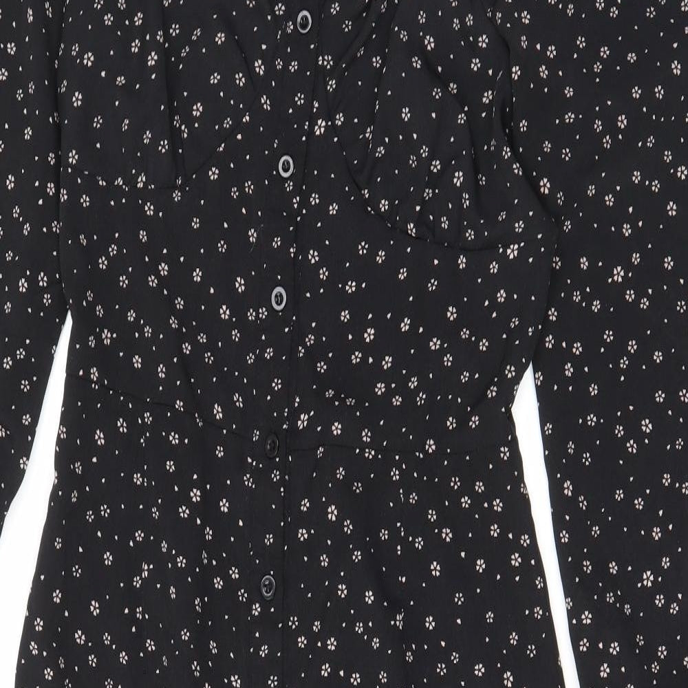 Missguided Womens Black Floral Polyester A-Line Size 12 Round Neck Button