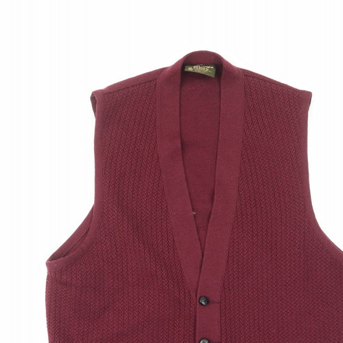 Priory Mens Red V-Neck Wool Cardigan Jumper Size L Sleeveless