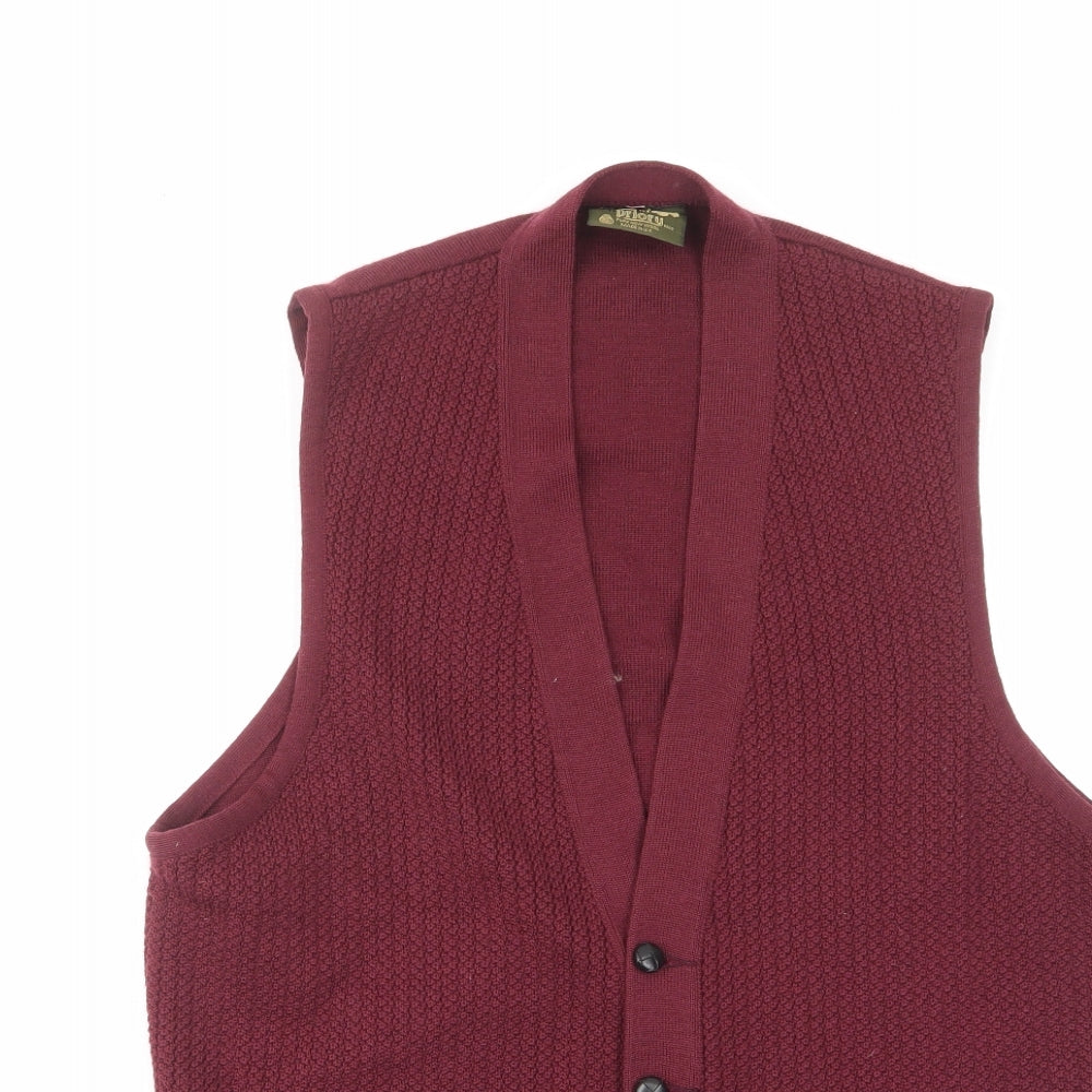 Priory Mens Red V-Neck Wool Cardigan Jumper Size L Sleeveless