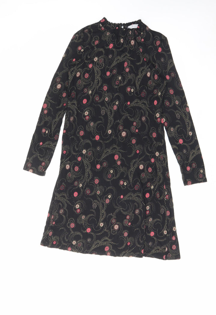 Marks and Spencer Womens Black Geometric Viscose A-Line Size 8 Mock Neck Button
