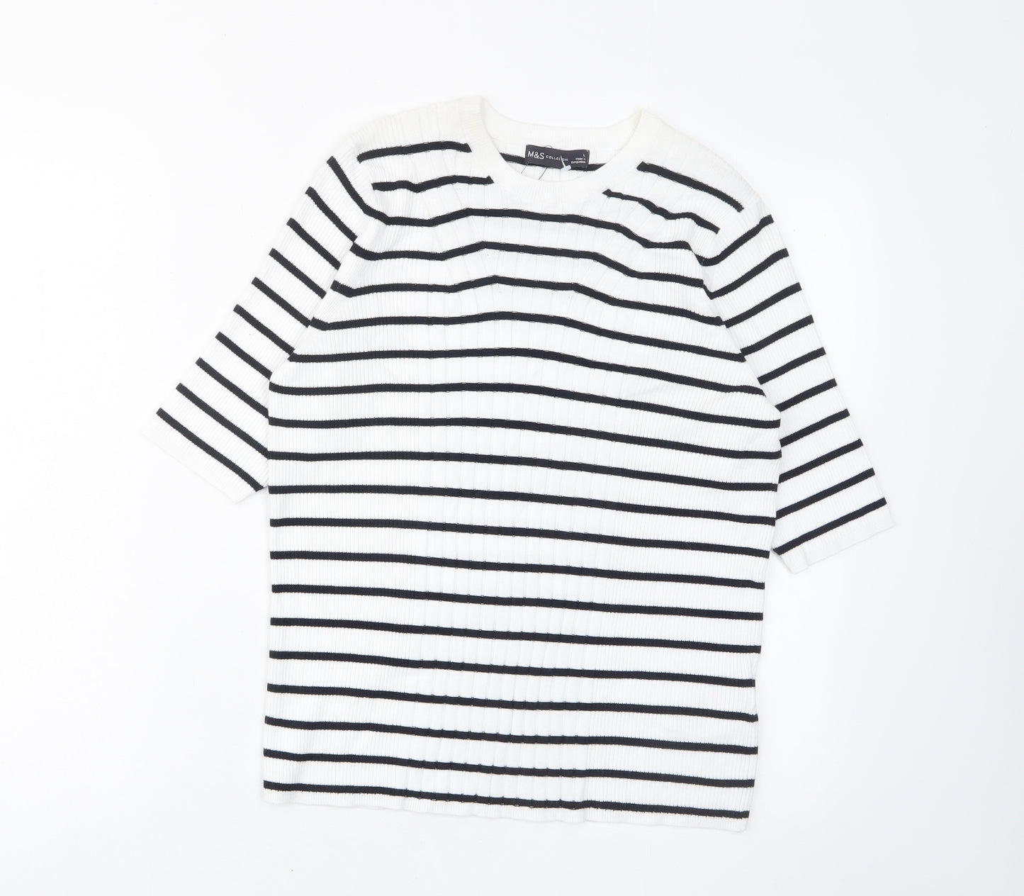 Marks and Spencer Womens White Striped Viscose Basic T-Shirt Size L Round Neck