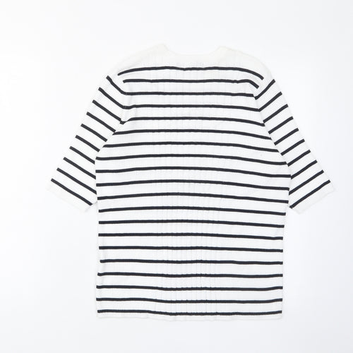 Marks and Spencer Womens White Striped Viscose Basic T-Shirt Size L Round Neck