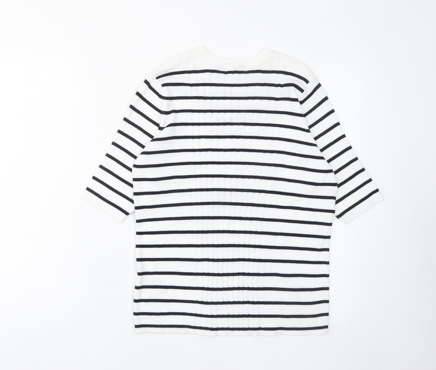 Marks and Spencer Womens White Striped Viscose Basic T-Shirt Size L Round Neck