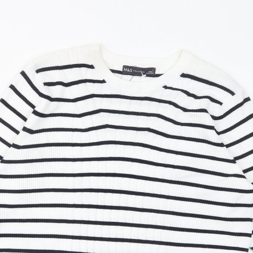 Marks and Spencer Womens White Striped Viscose Basic T-Shirt Size L Round Neck