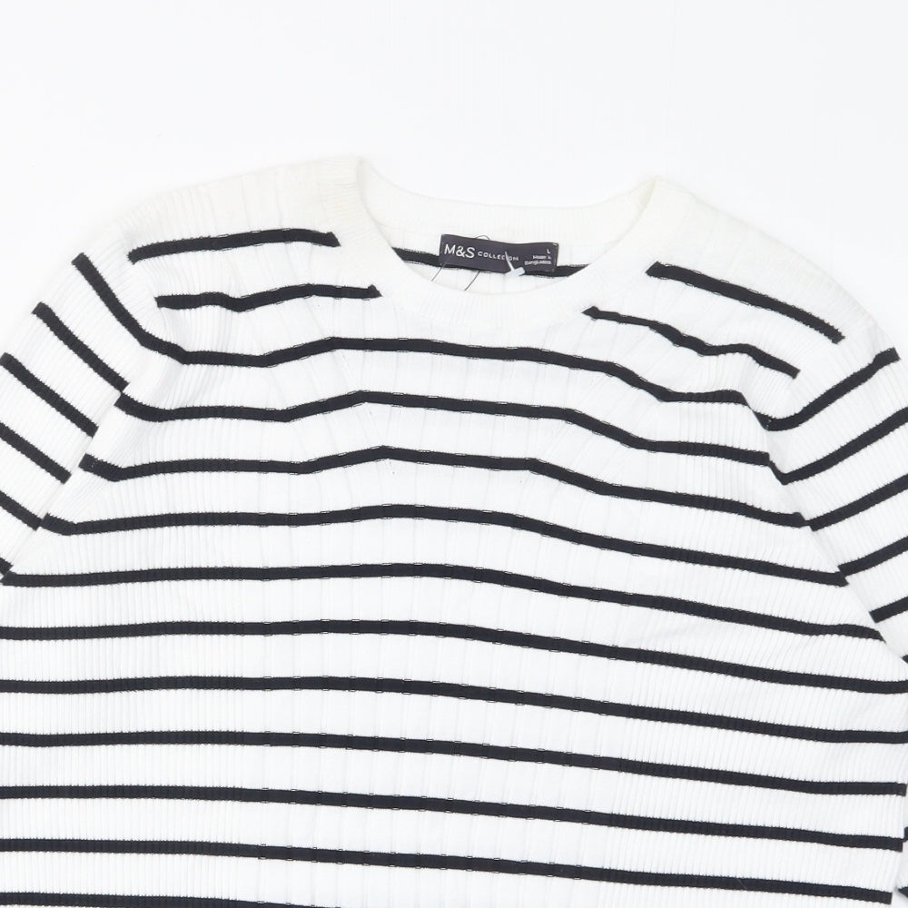 Marks and Spencer Womens White Striped Viscose Basic T-Shirt Size L Round Neck
