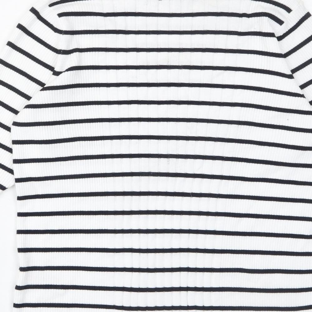 Marks and Spencer Womens White Striped Viscose Basic T-Shirt Size L Round Neck