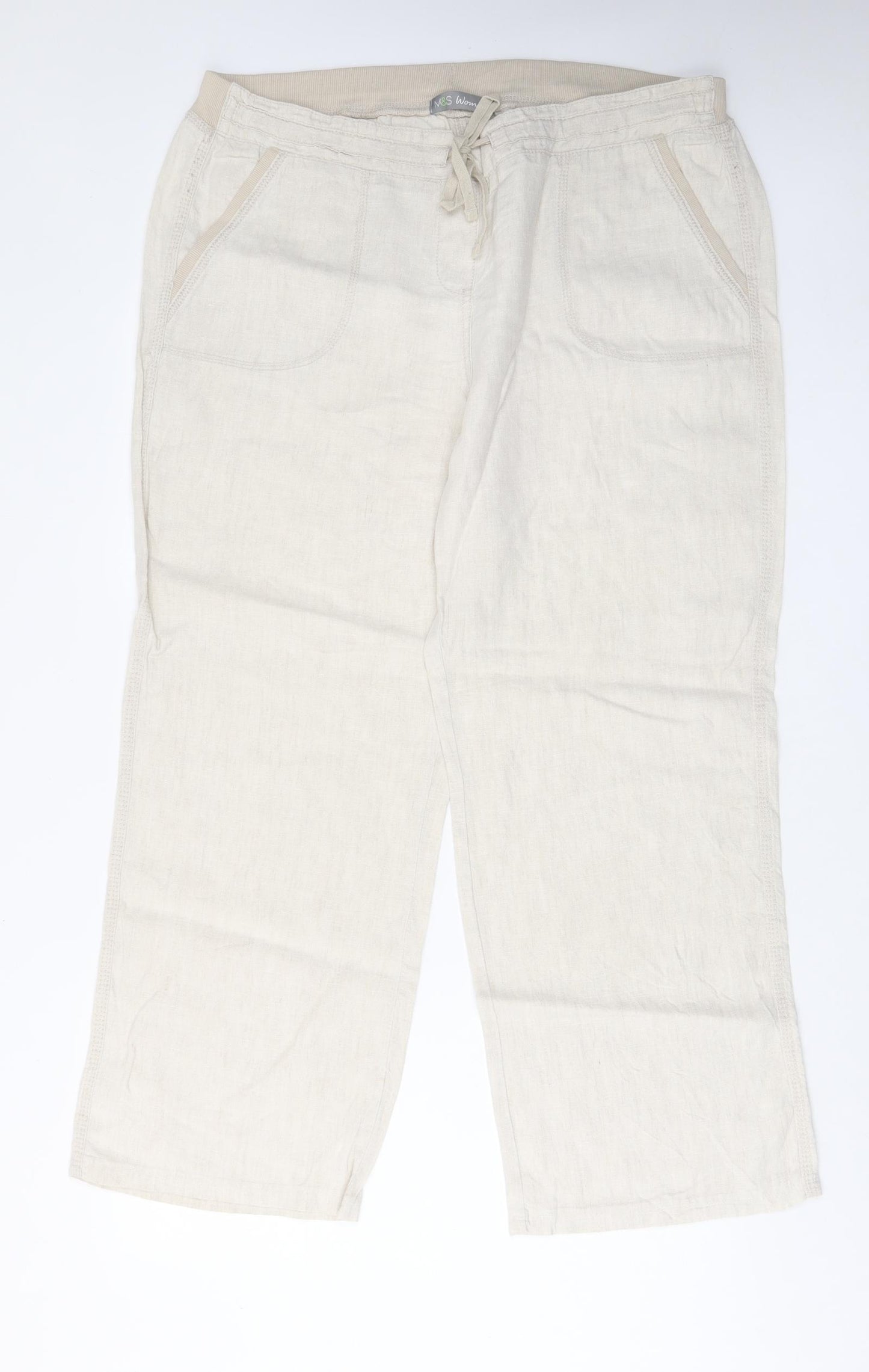 Marks and Spencer Womens Beige Cotton Trousers Size 18 L29 in Regular Drawstring