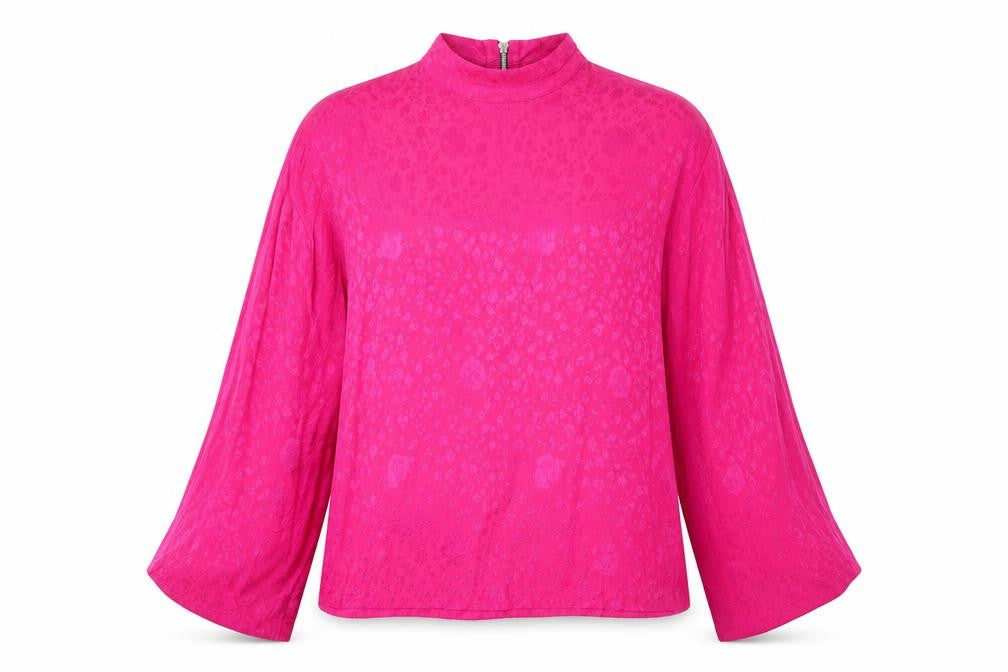 Front view of Topshop women’s pink geometric viscose basic blouse, size UK 10, mock neck